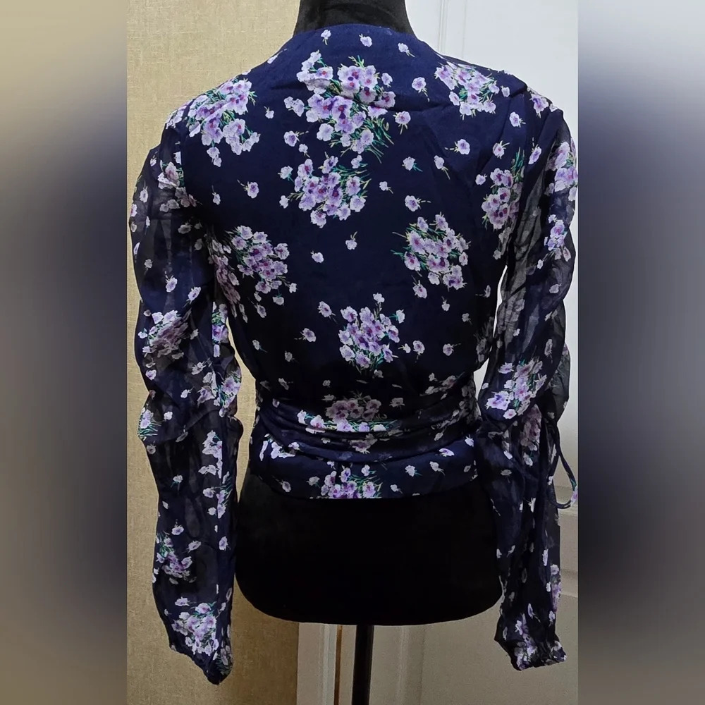 2 Left!! Navy Floral Print Ruched Detail Sleeve Wrap Top #403-405 - Picture 9 of 9